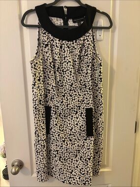 Black & White Abstract Sleeveless Shift Dress with pockets 14P